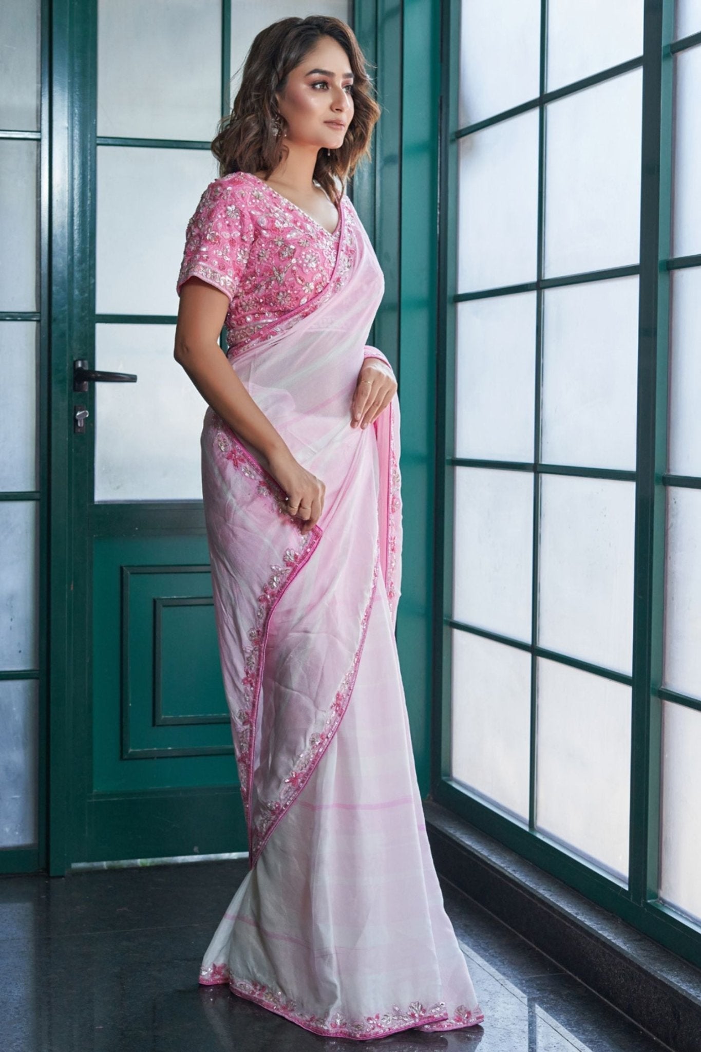 Designer Wear Pink Chinon Crepe Drape Saree Set - Simaaya