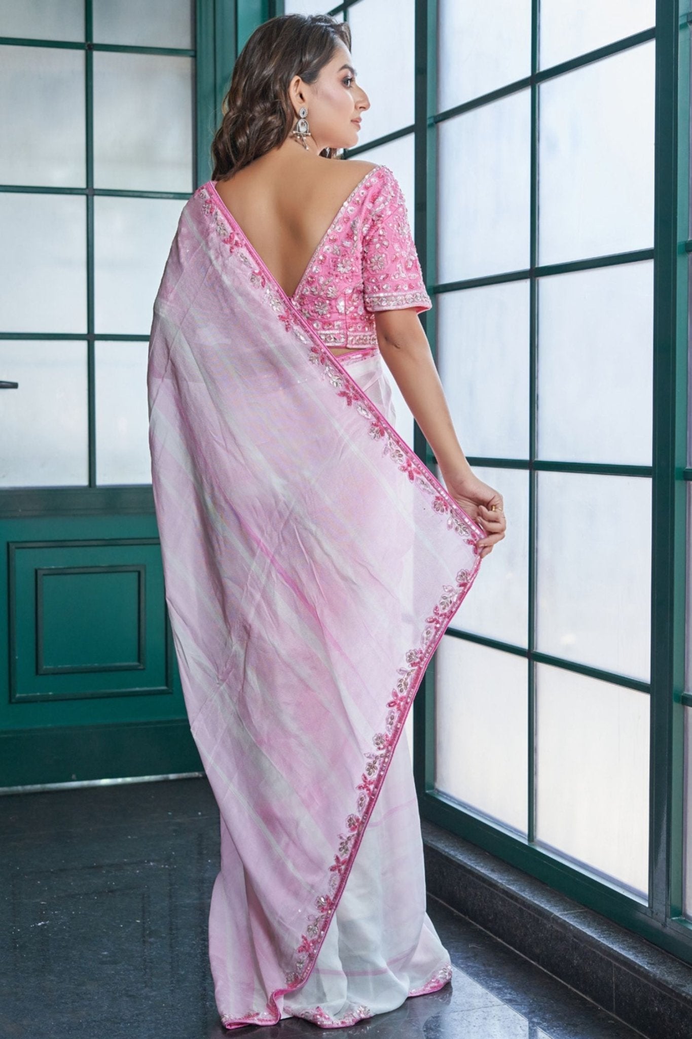 Designer Wear Pink Chinon Crepe Drape Saree Set - Simaaya