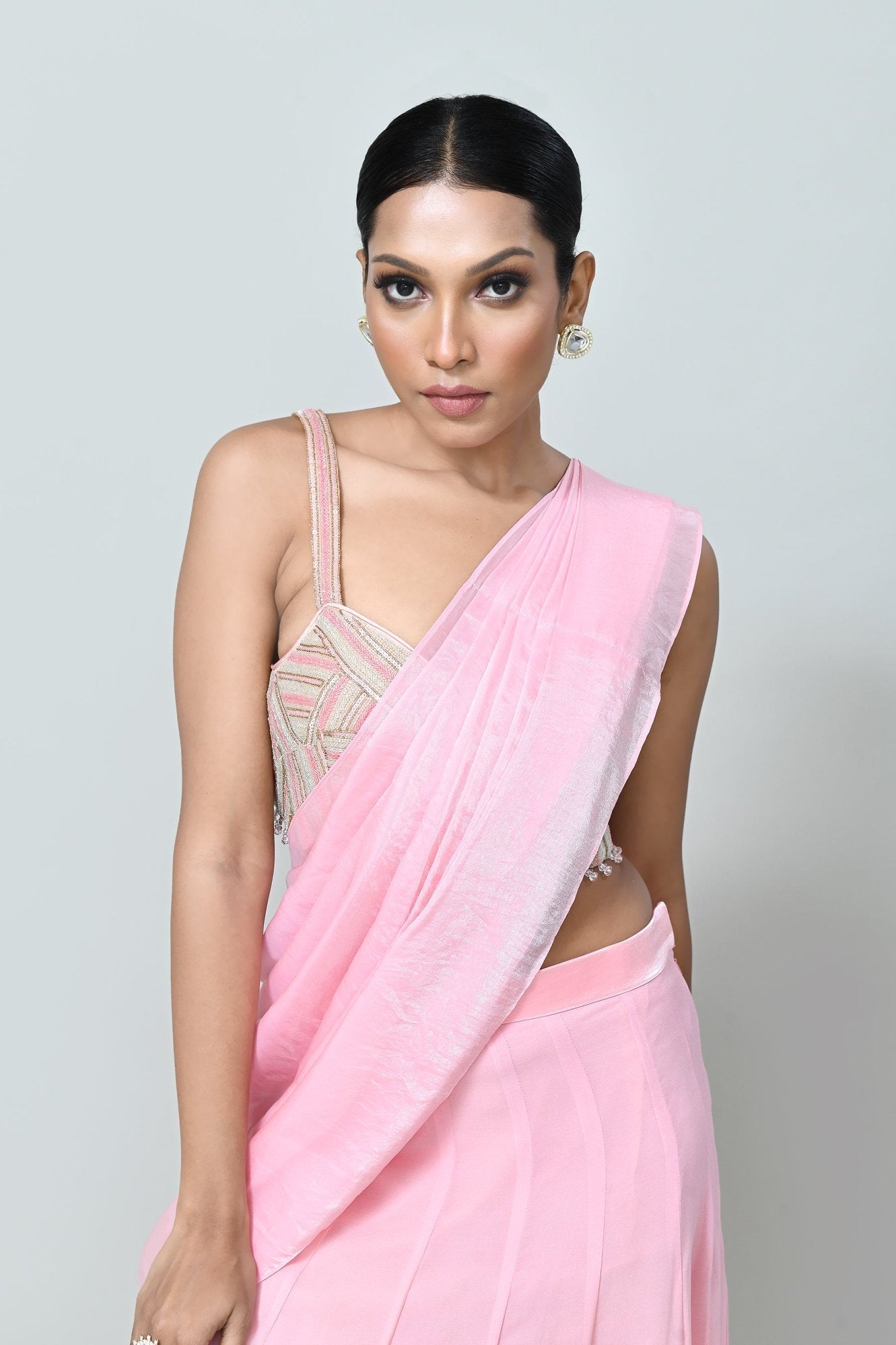 Designer Wear Pink Drape Saree - Simaaya