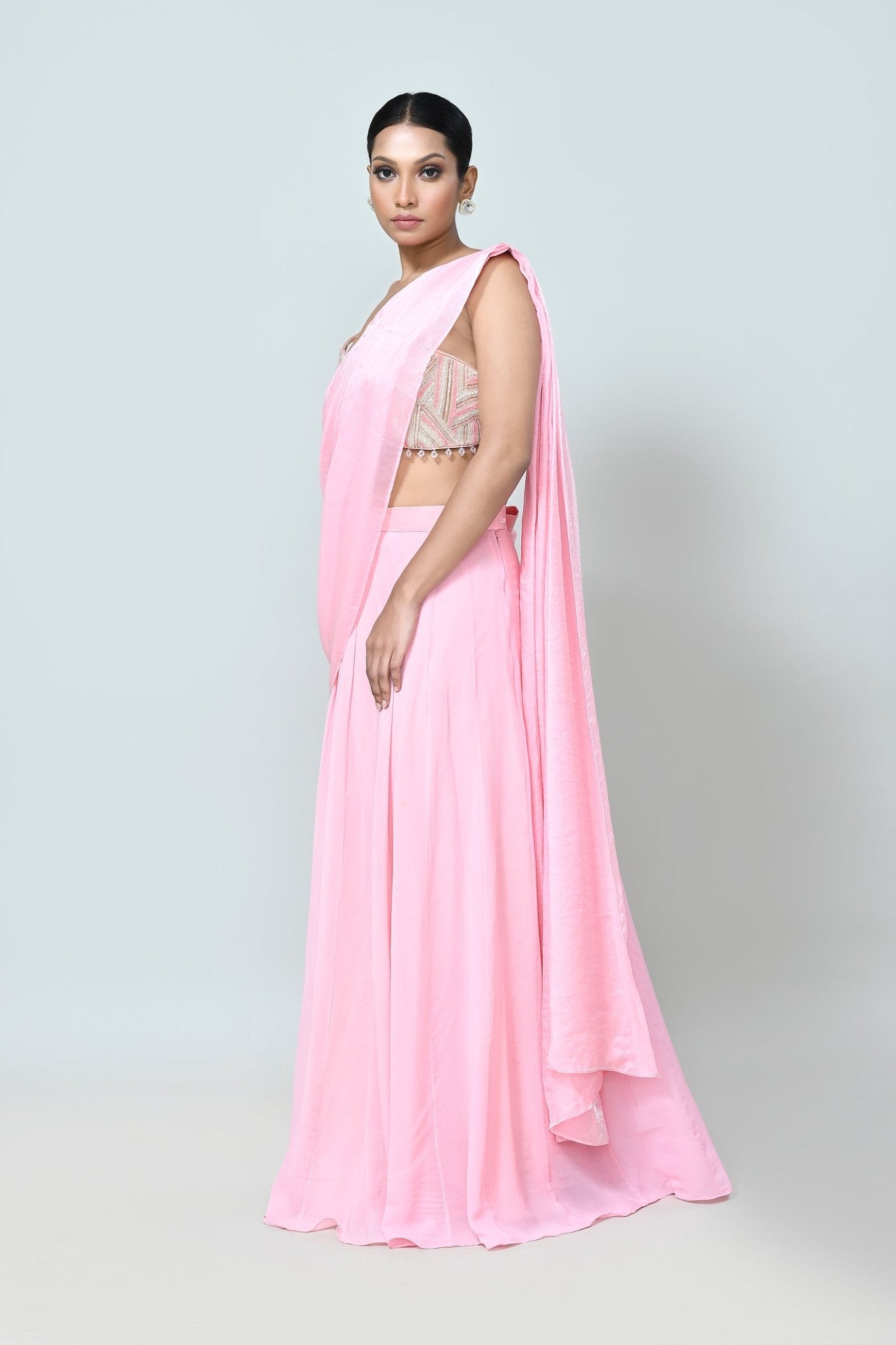 Designer Wear Pink Drape Saree - Simaaya