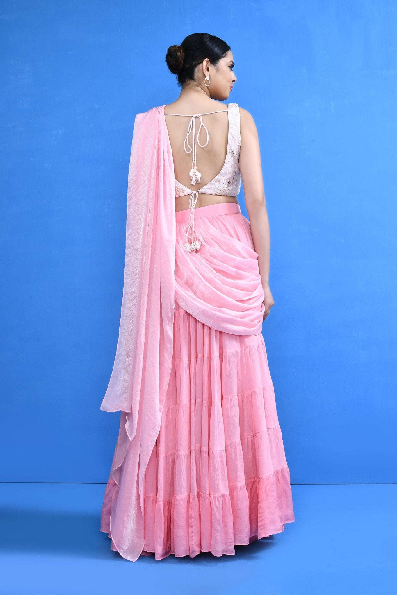 Designer Wear Pink Drape Saree Set - Simaaya