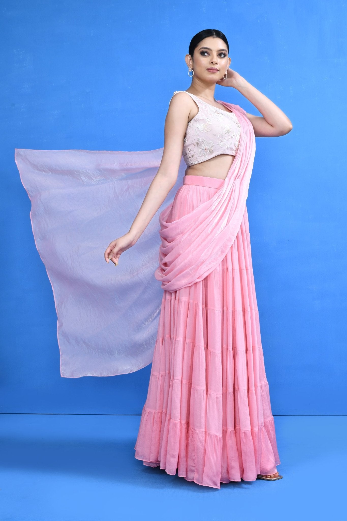 Designer Wear Pink Drape Saree Set - Simaaya