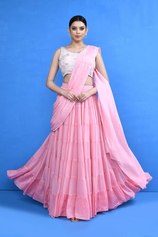 Designer Wear Pink Drape Saree Set - Simaaya