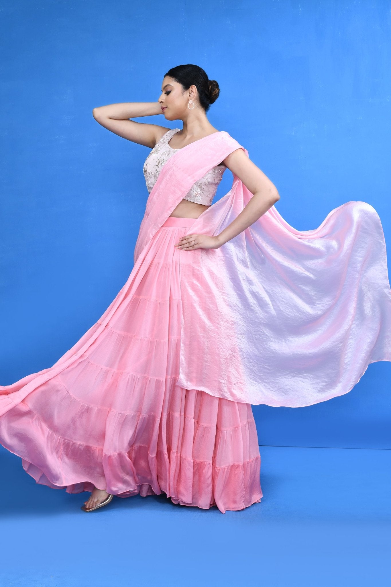 Designer Wear Pink Drape Saree Set - Simaaya