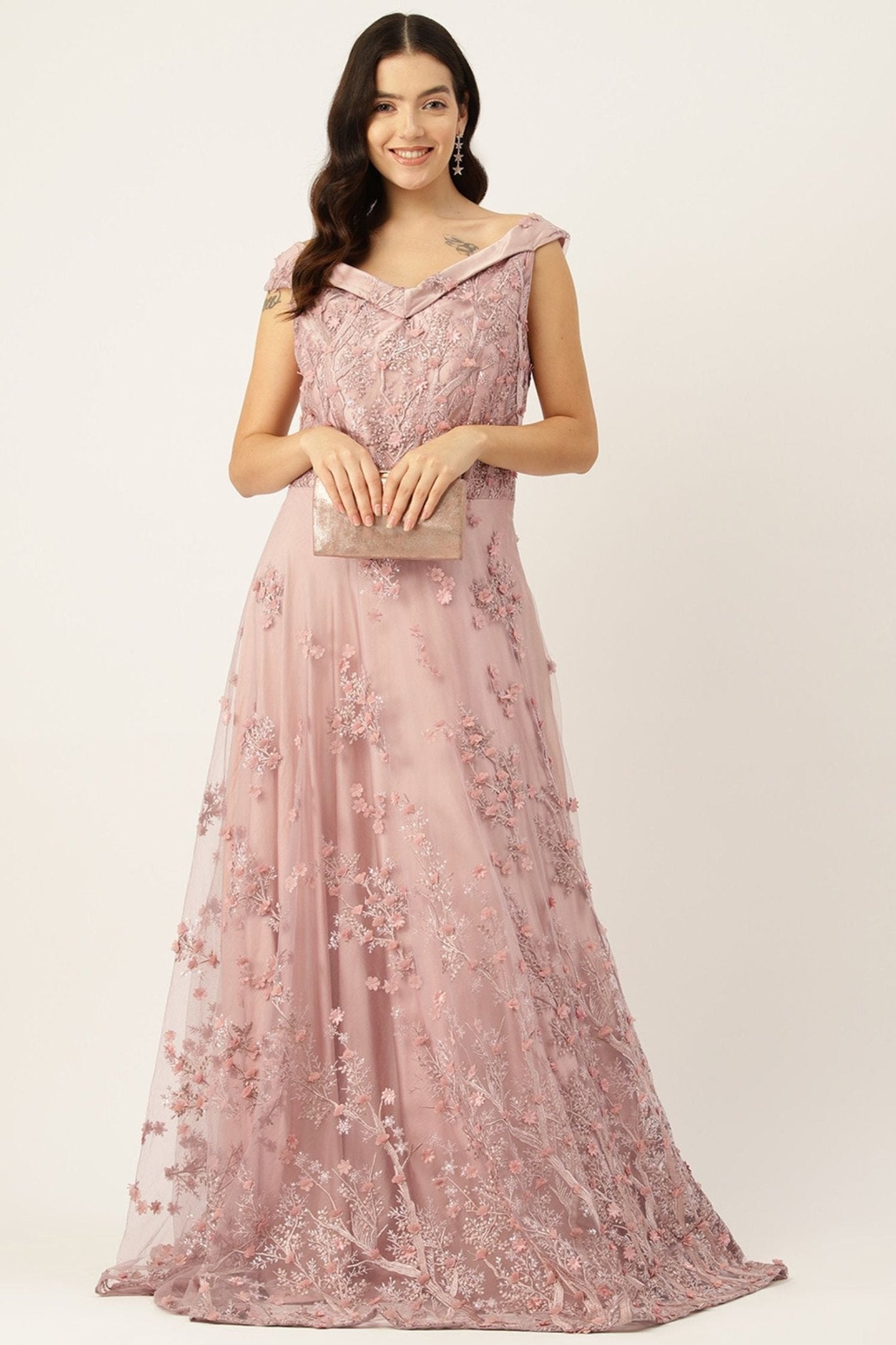 Designer Wear Pink Net Gown - Simaaya