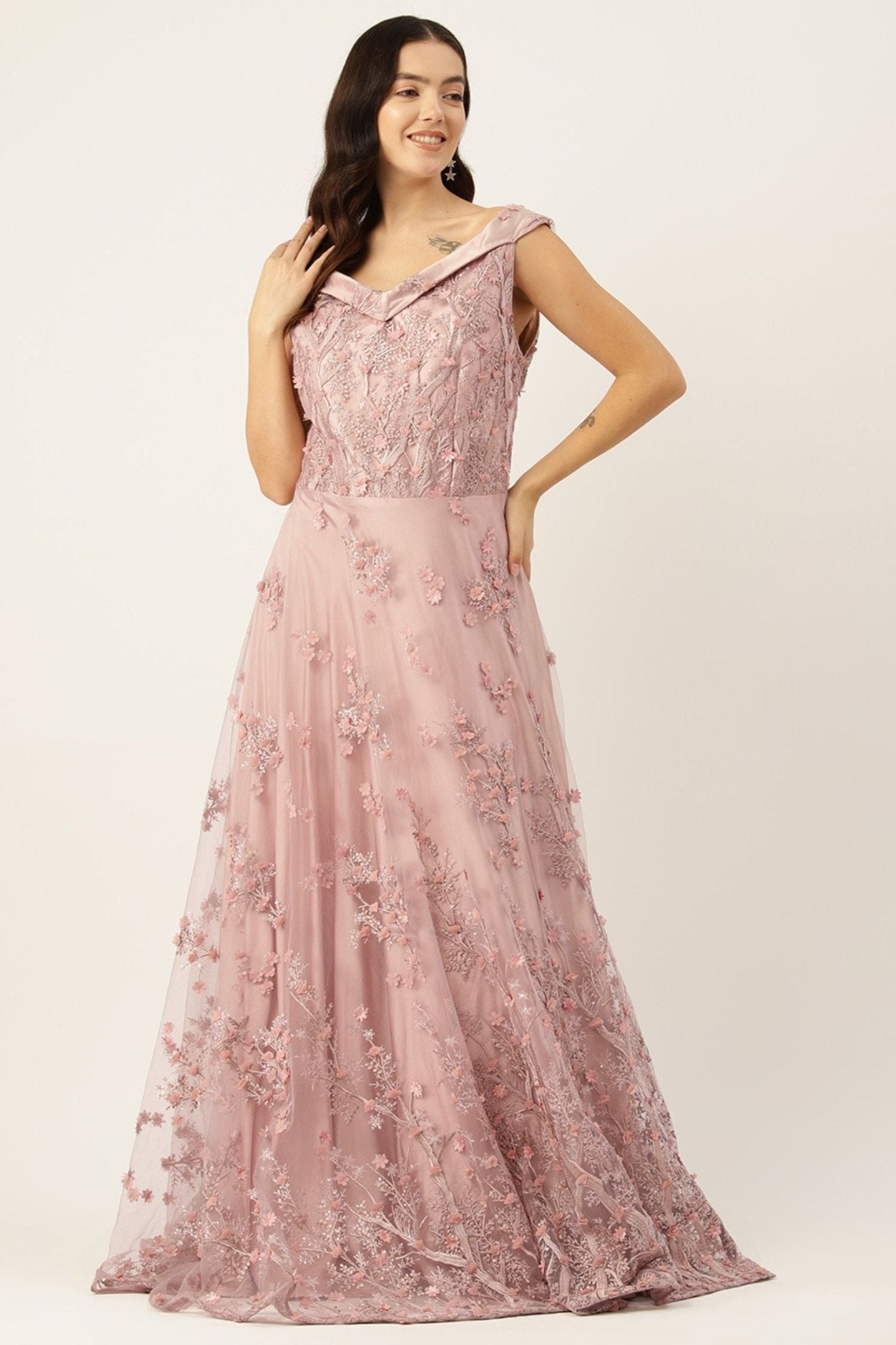 Designer Wear Pink Net Gown - Simaaya
