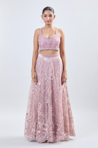 Designer Wear Pink Net Lehenga Set With Dupatta - Simaaya