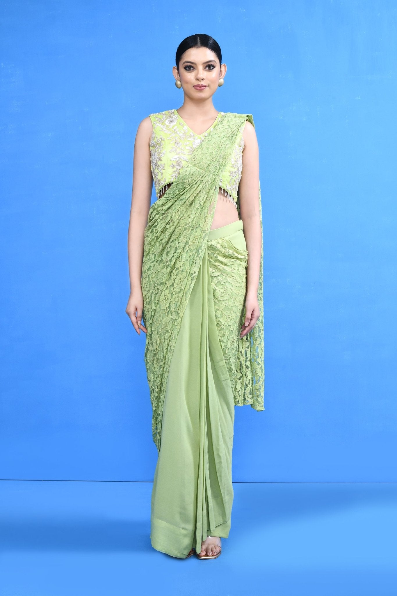 Designer Wear Pista Green Centre Lace Georgette Drape Saree - Simaaya
