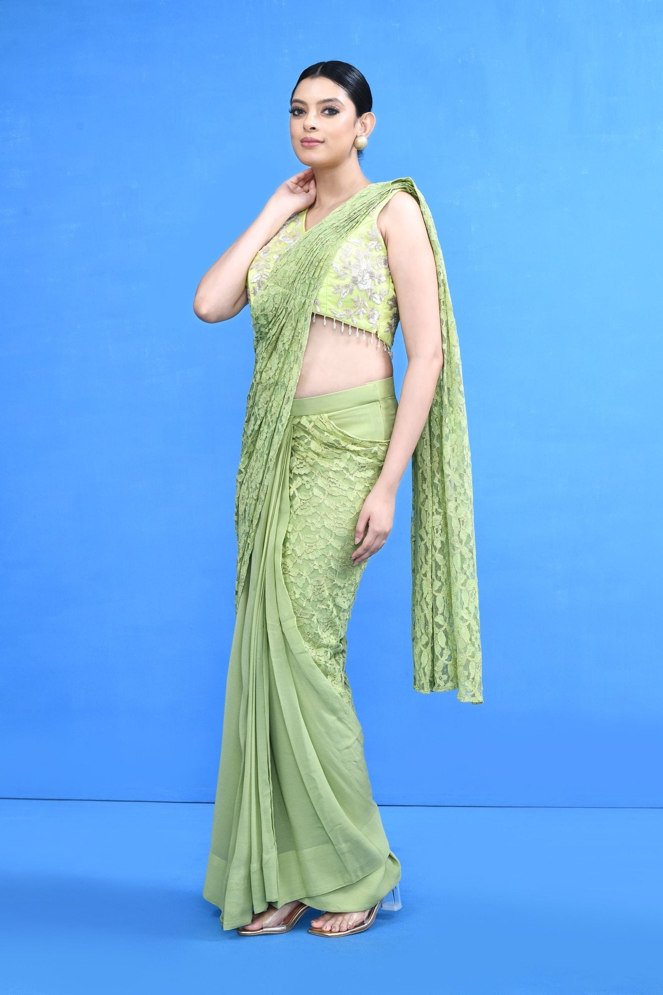 Designer Wear Pista Green Centre Lace Georgette Drape Saree - Simaaya