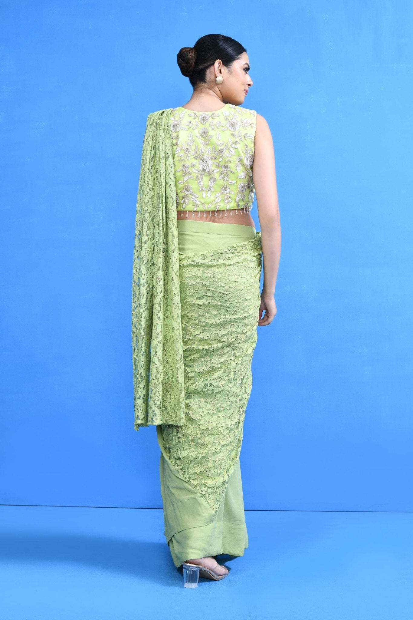 Designer Wear Pista Green Centre Lace Georgette Drape Saree - Simaaya