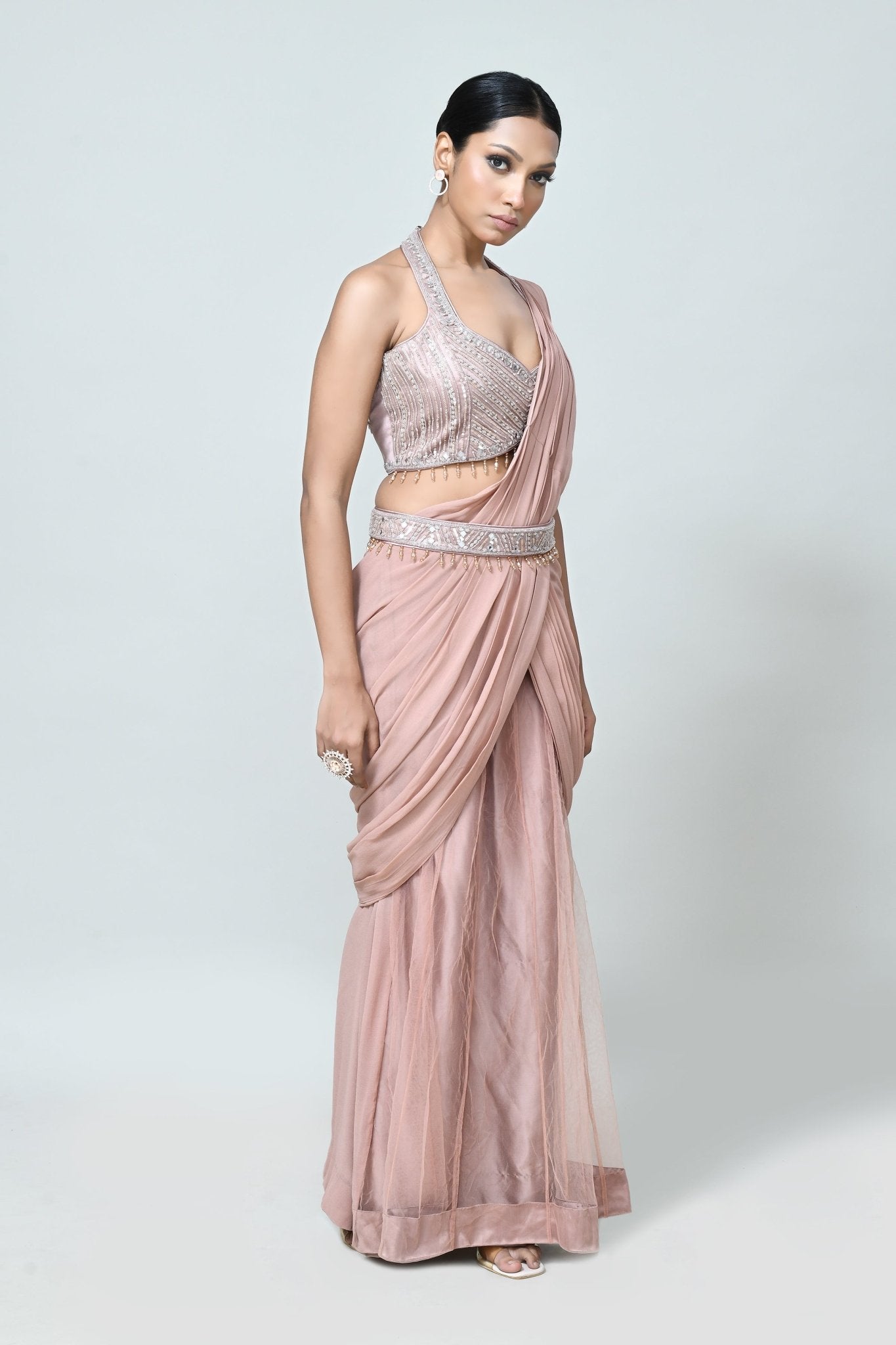 Designer Wear Powder Pink Net Georgette Drape Saree - Simaaya