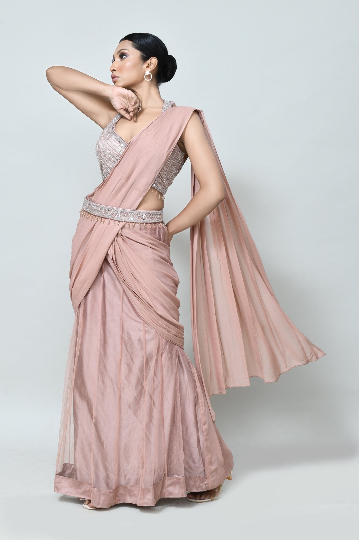 Designer Wear Powder Pink Net Georgette Drape Saree - Simaaya