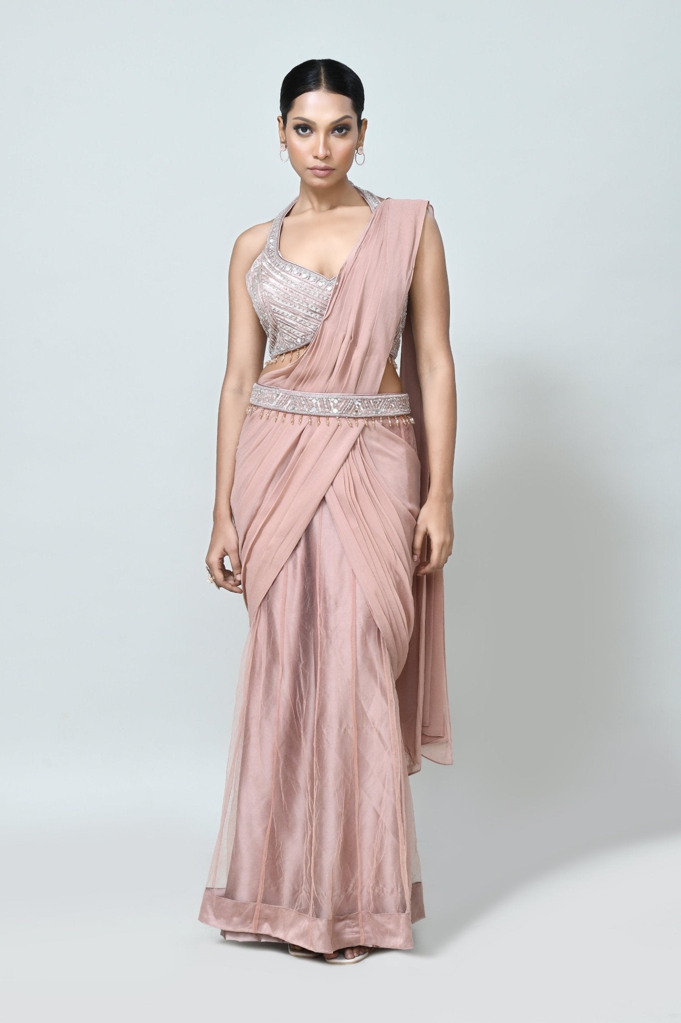 Designer Wear Powder Pink Net Georgette Drape Saree - Simaaya