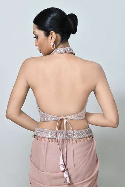 Designer Wear Powder Pink Net Georgette Drape Saree - Simaaya
