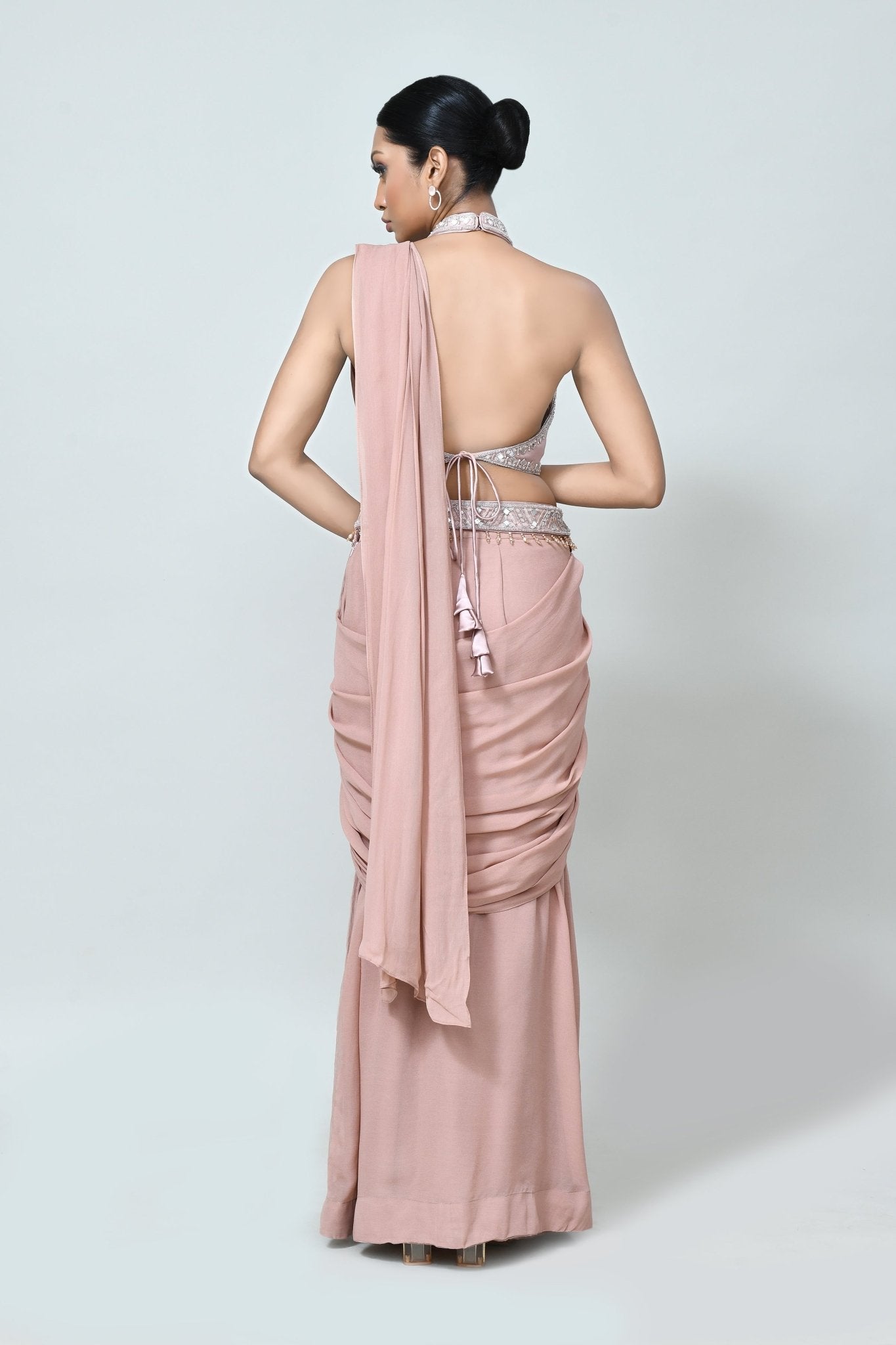 Designer Wear Powder Pink Net Georgette Drape Saree - Simaaya