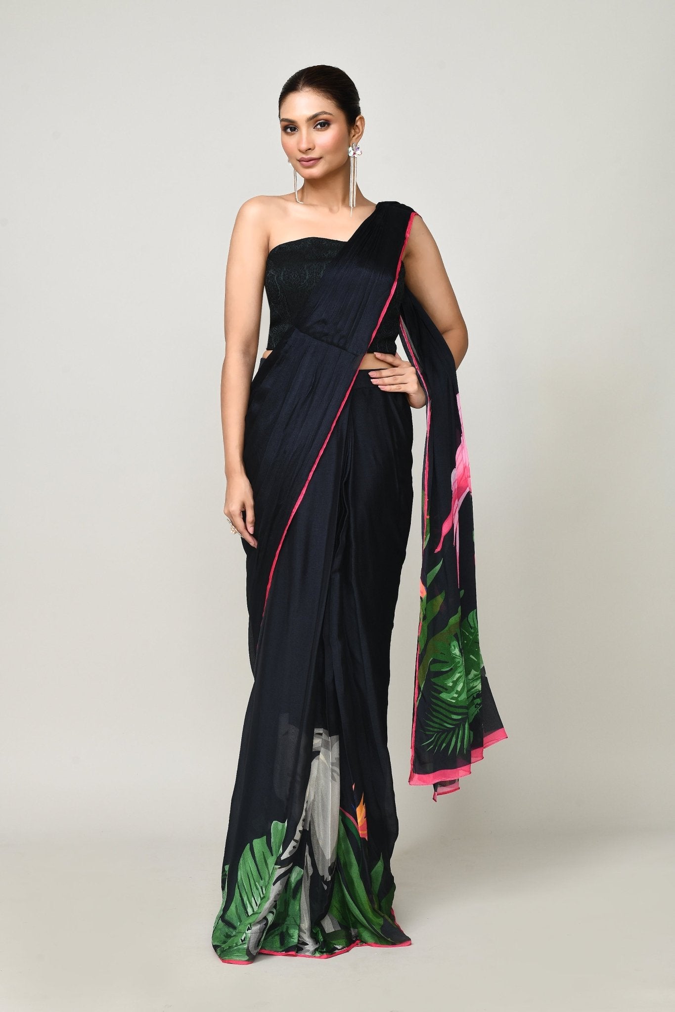 Designer Wear Printed Black Chinon Chiffon Drape Saree - Simaaya