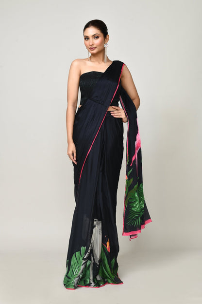 Designer Wear Printed Black Chinon Chiffon Drape Saree - Simaaya