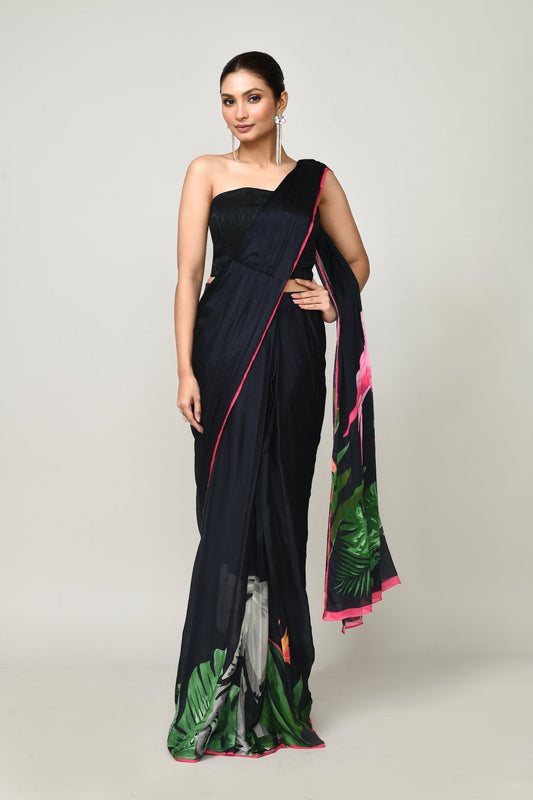 Designer Wear Printed Black Chinon Chiffon Drape Saree - Simaaya