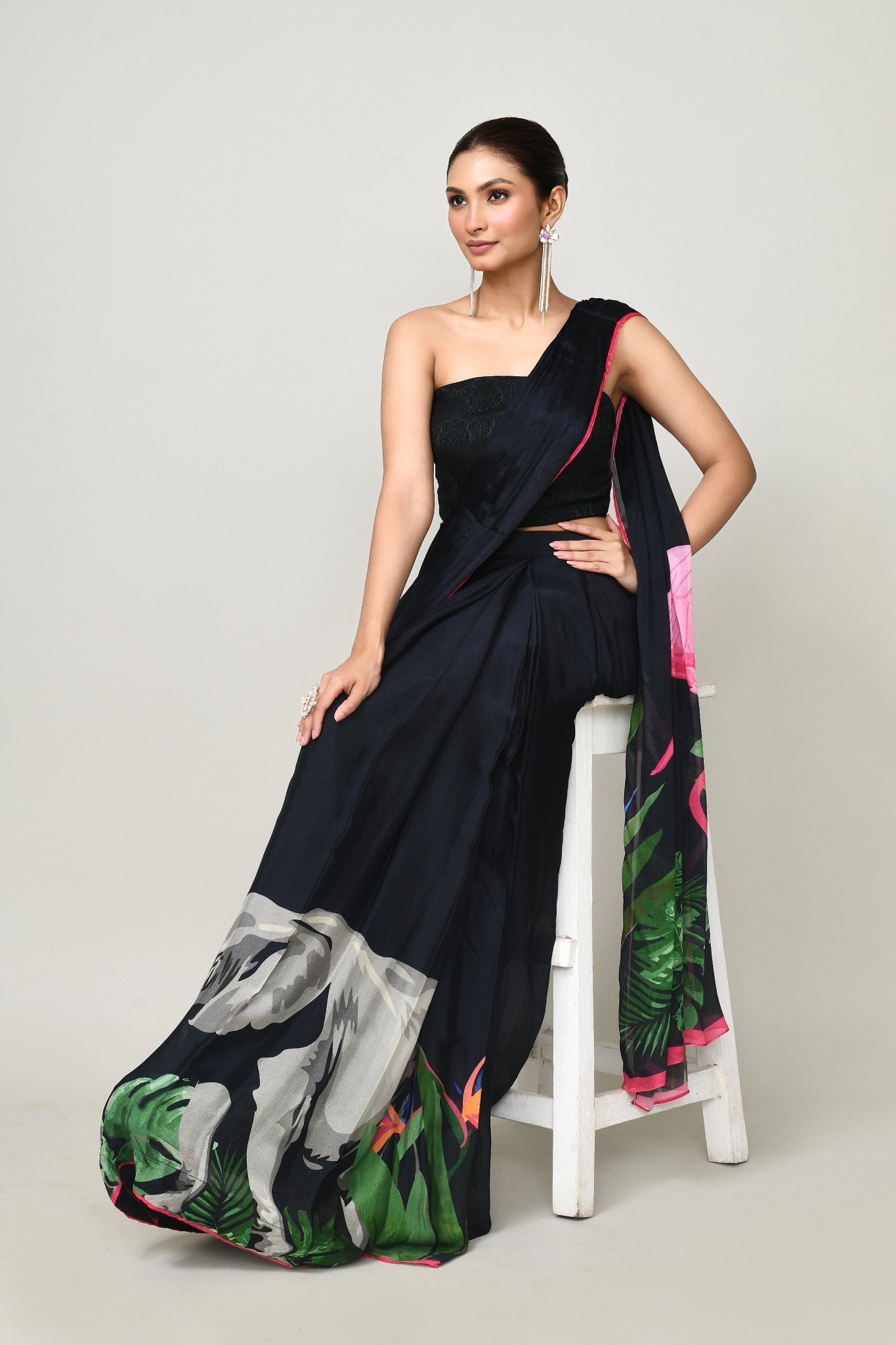 Designer Wear Printed Black Chinon Chiffon Drape Saree - Simaaya