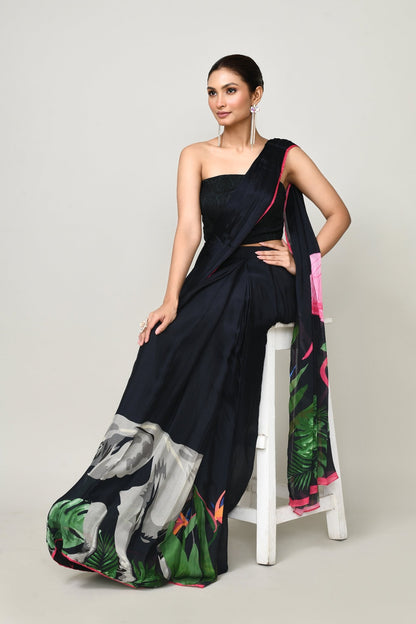 Designer Wear Printed Black Chinon Chiffon Drape Saree - Simaaya