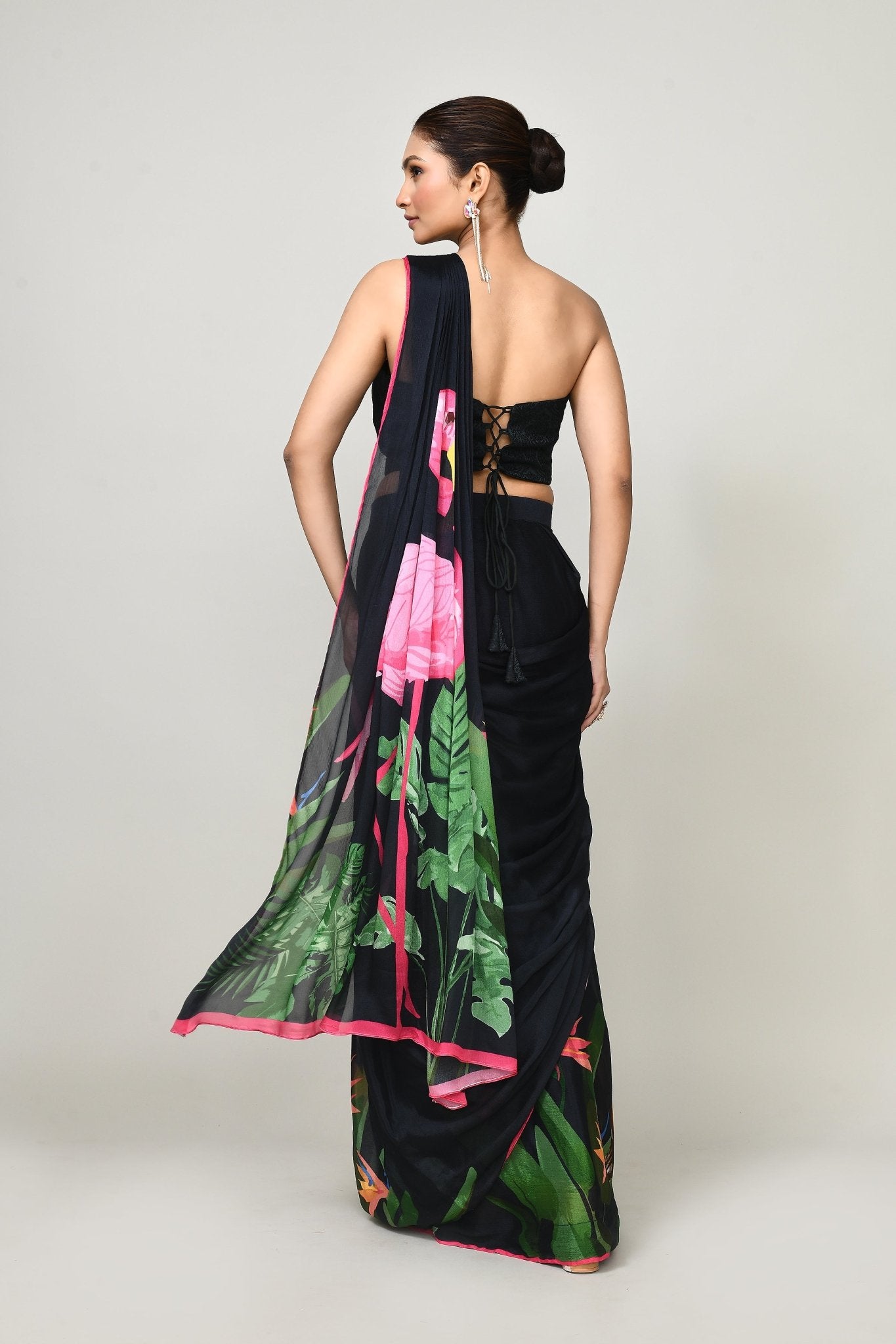 Designer Wear Printed Black Chinon Chiffon Drape Saree - Simaaya