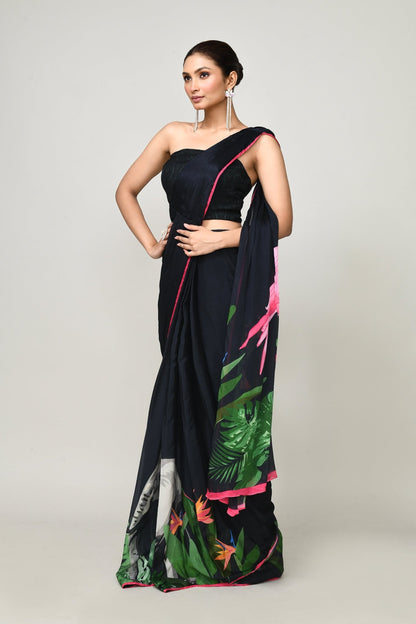 Designer Wear Printed Black Chinon Chiffon Drape Saree - Simaaya