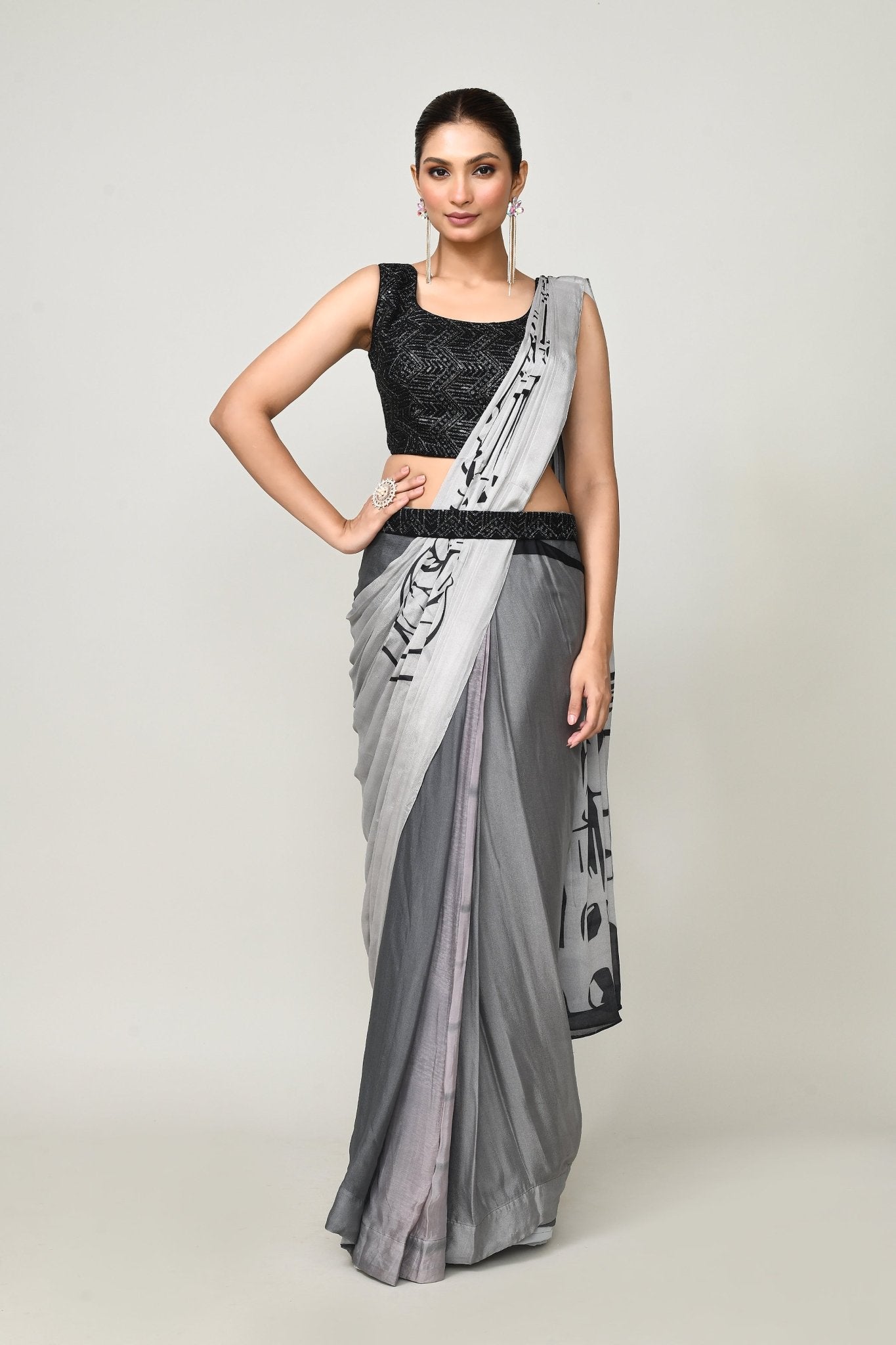 Designer Wear Printed Grey Chinon Chiffon Drape Saree - Simaaya