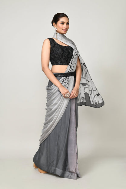 Designer Wear Printed Grey Chinon Chiffon Drape Saree - Simaaya