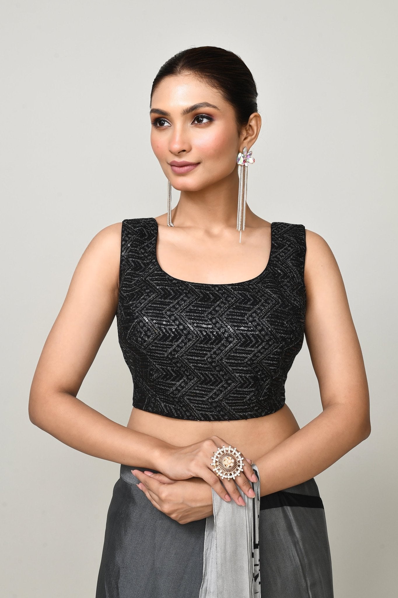Designer Wear Printed Grey Chinon Chiffon Drape Saree - Simaaya