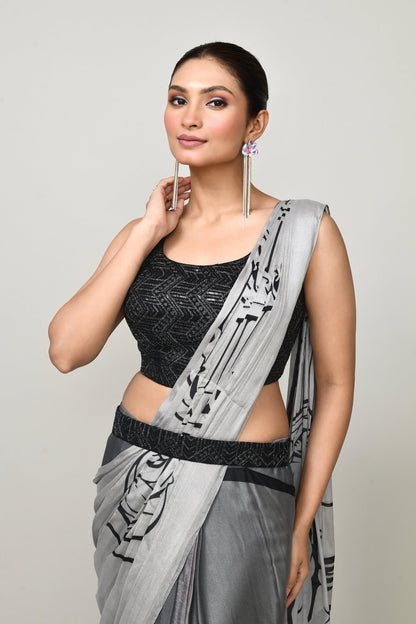 Designer Wear Printed Grey Chinon Chiffon Drape Saree - Simaaya