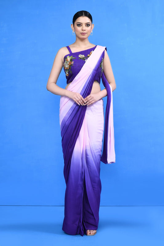 Designer Wear Purple and Pink Chinon Chiffon Drape Saree - Simaaya