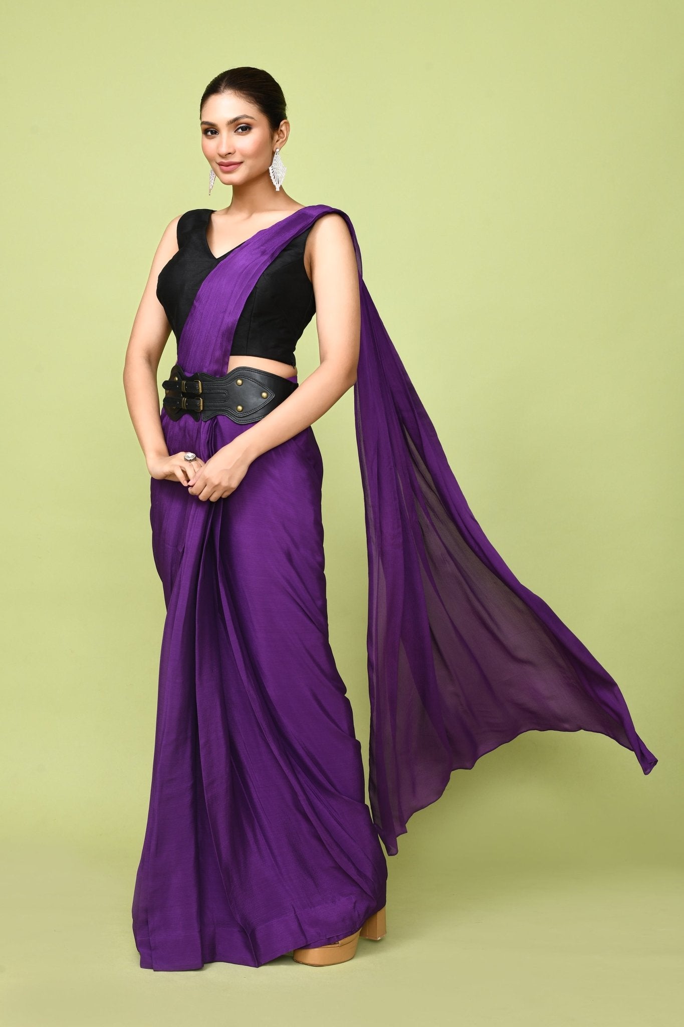 Designer Wear Purple Chinon Chiffon Drape Saree - Simaaya