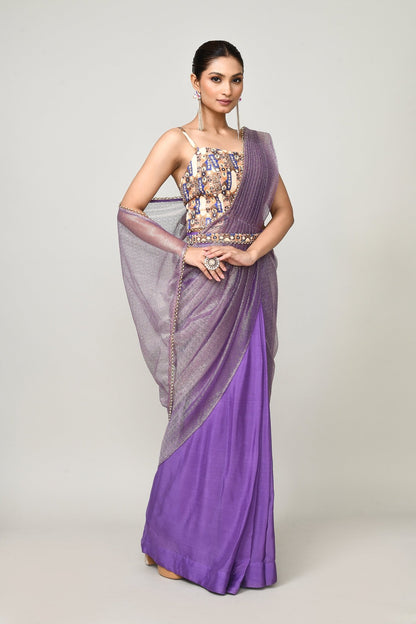 Designer Wear Purple Chinon Chiffon & Tissue Drape Saree - Simaaya