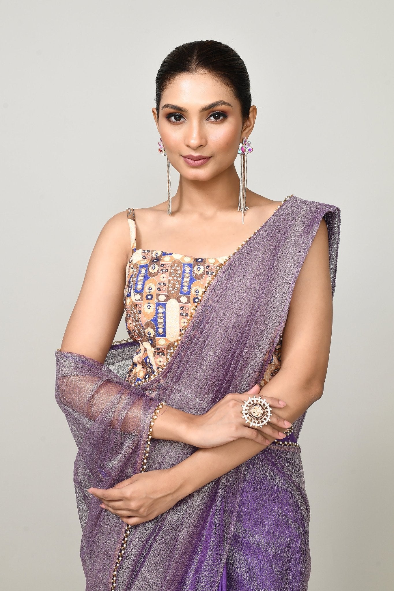 Designer Wear Purple Chinon Chiffon & Tissue Drape Saree - Simaaya
