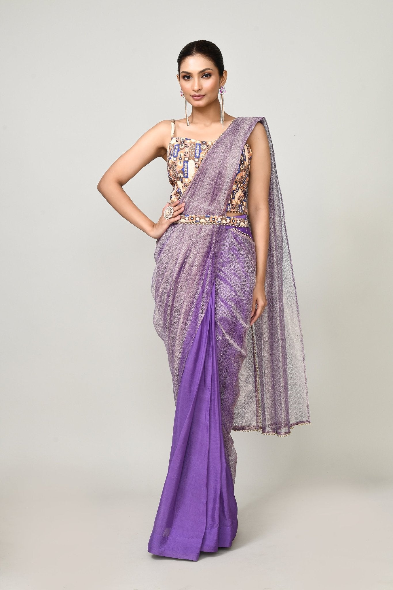 Designer Wear Purple Chinon Chiffon & Tissue Drape Saree - Simaaya