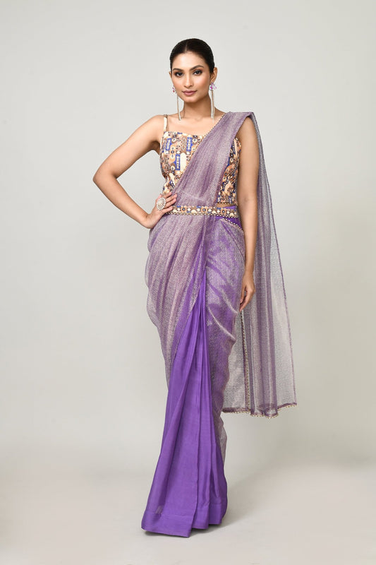 Designer Wear Purple Chinon Chiffon & Tissue Drape Saree - Simaaya