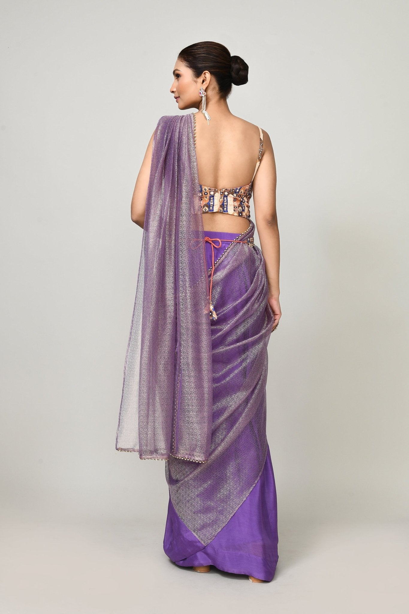 Designer Wear Purple Chinon Chiffon & Tissue Drape Saree - Simaaya