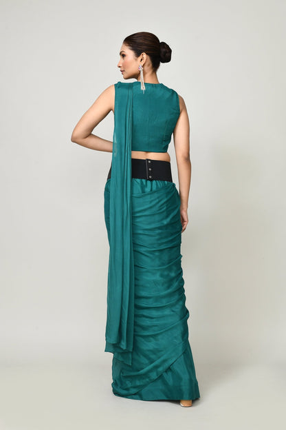 Designer Wear Rama Green Chinon Chiffon Drape Saree - Simaaya
