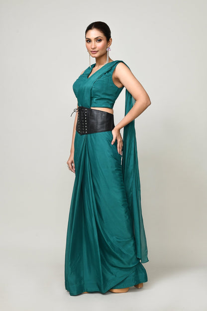 Designer Wear Rama Green Chinon Chiffon Drape Saree - Simaaya