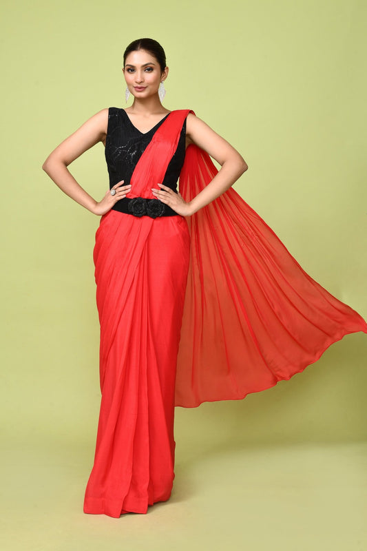 Designer Wear Red Chinon Chiffon Drape Saree - Simaaya