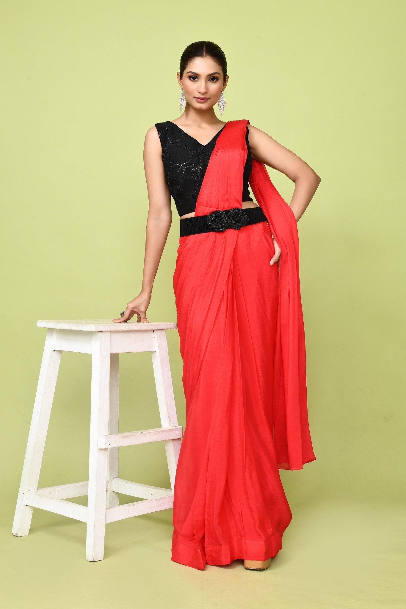 Designer Wear Red Chinon Chiffon Drape Saree - Simaaya