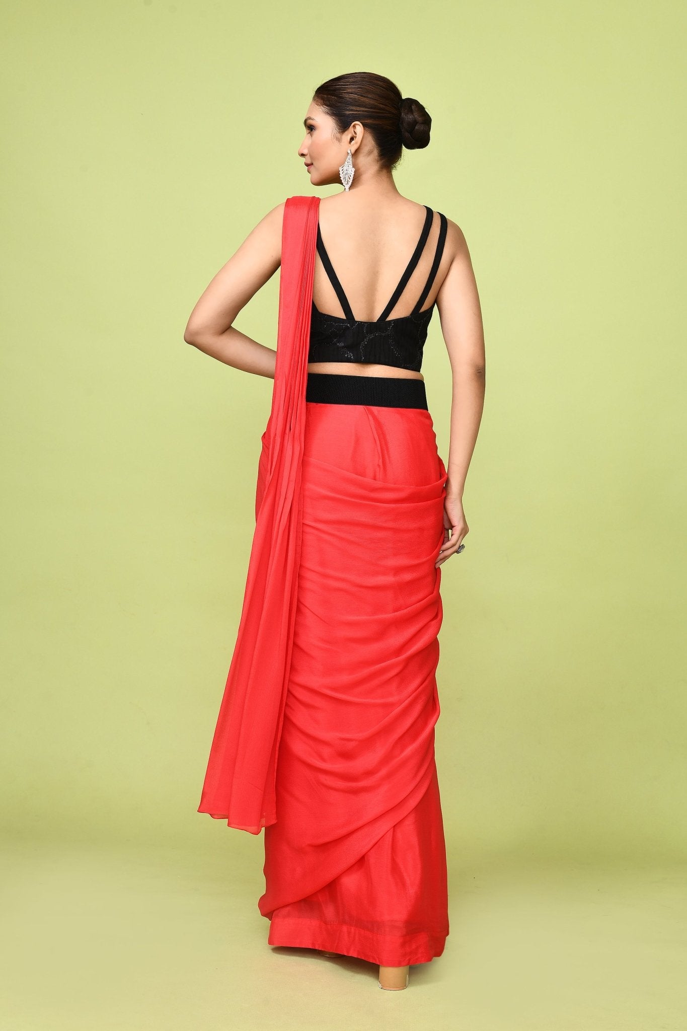 Designer Wear Red Chinon Chiffon Drape Saree - Simaaya