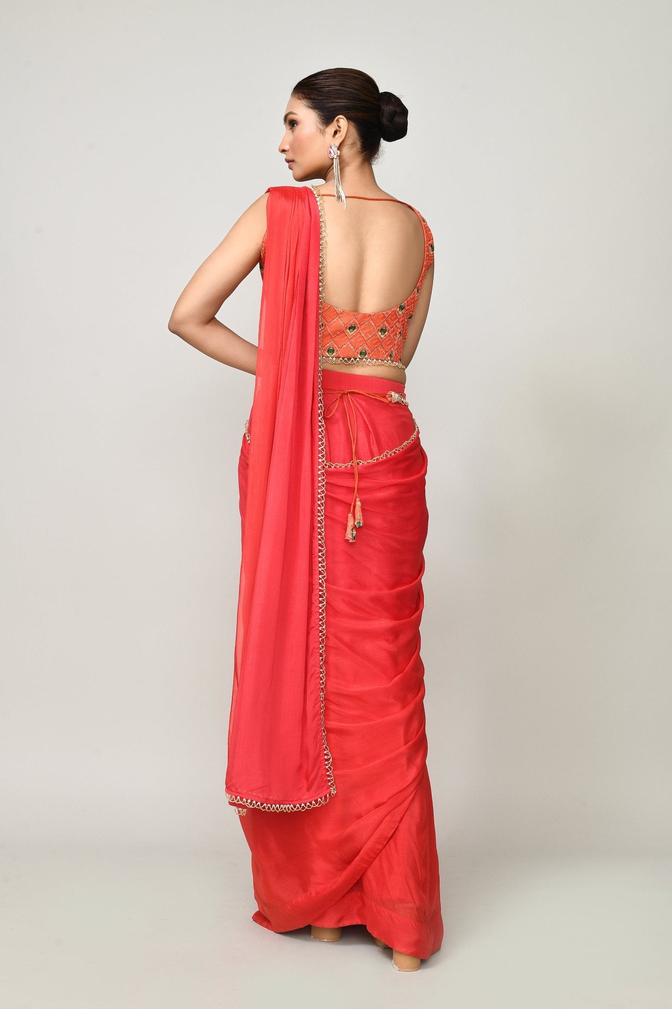 Designer Wear Red Chinon Chiffon Drape Saree - Simaaya