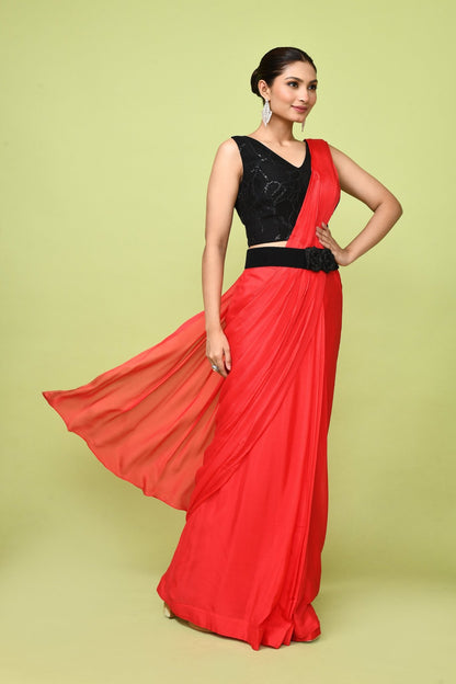 Designer Wear Red Chinon Chiffon Drape Saree - Simaaya