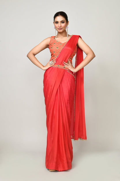 Designer Wear Red Chinon Chiffon Drape Saree - Simaaya
