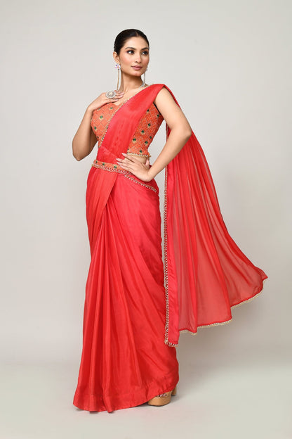 Designer Wear Red Chinon Chiffon Drape Saree - Simaaya