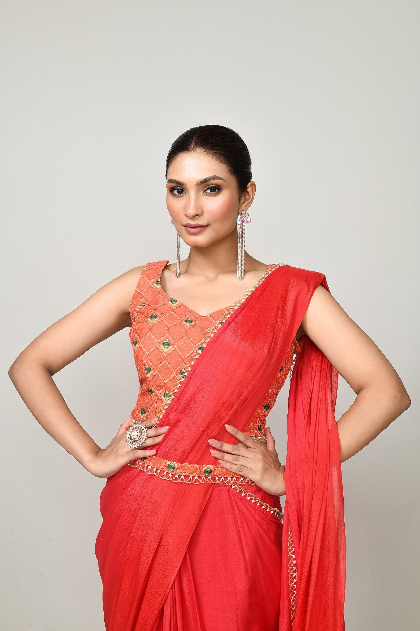 Designer Wear Red Chinon Chiffon Drape Saree - Simaaya