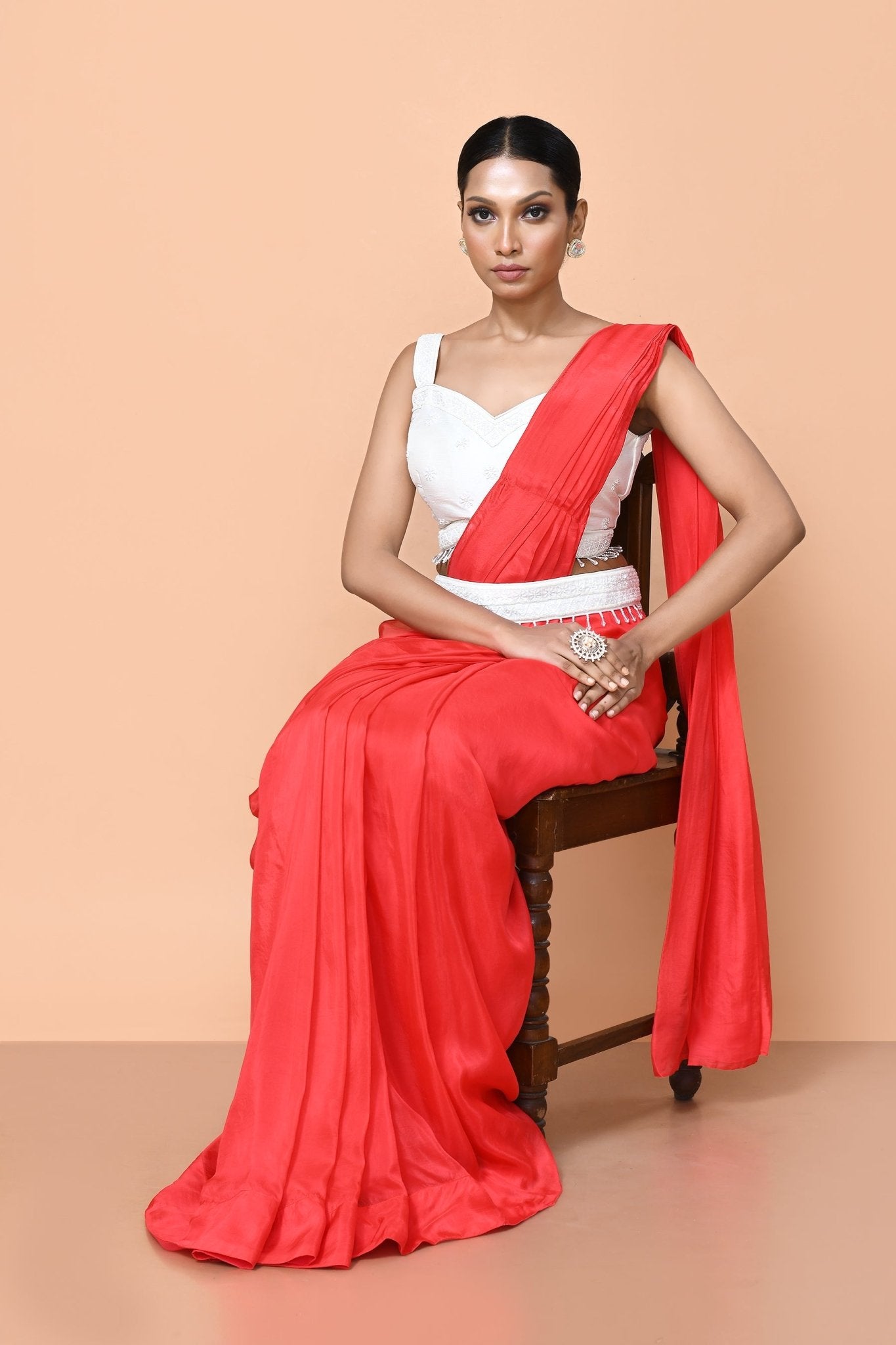Designer Wear Red Drape Saree - Simaaya
