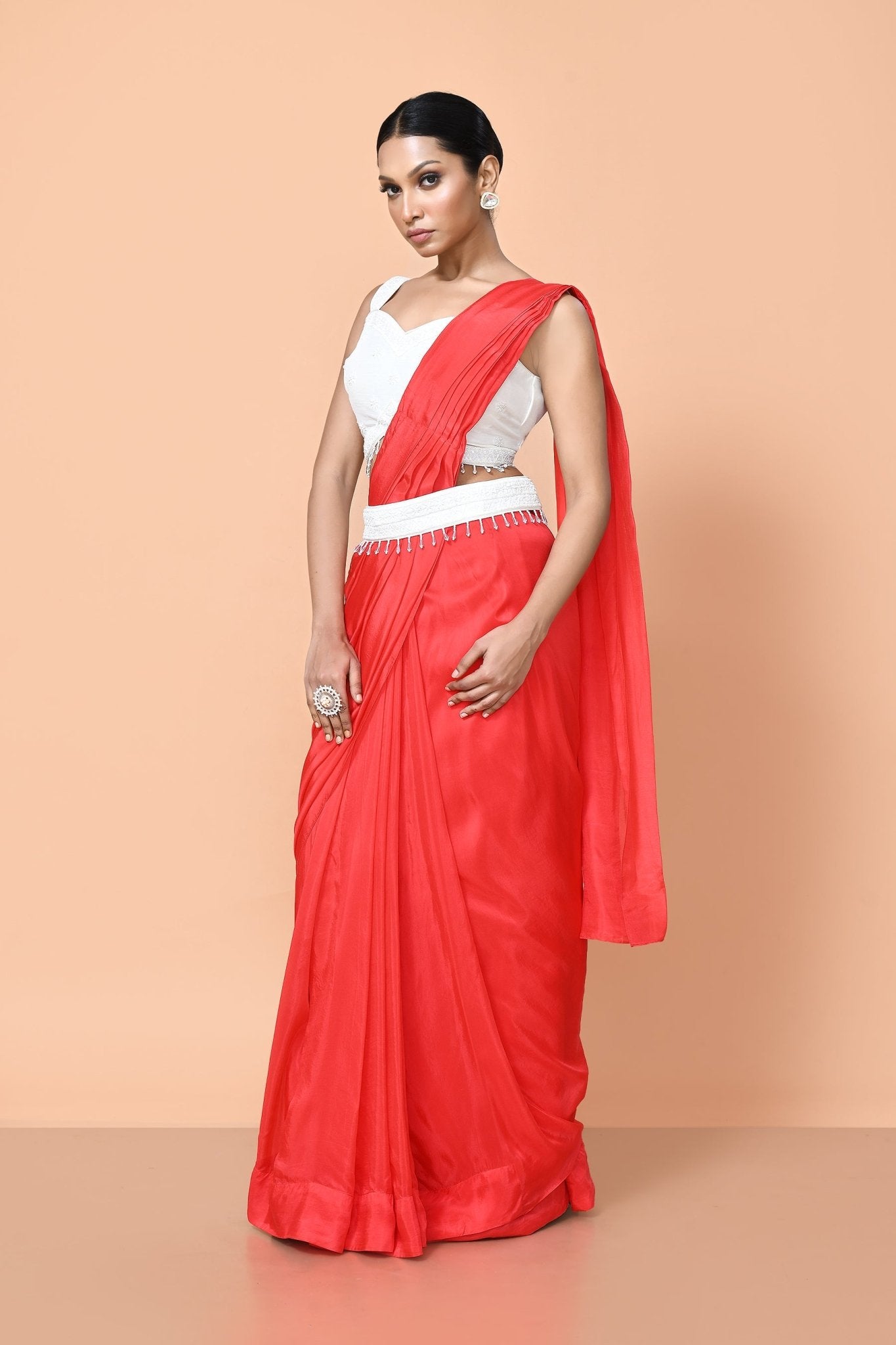 Designer Wear Red Drape Saree - Simaaya