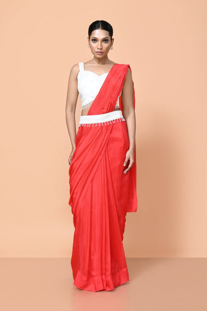 Designer Wear Red Drape Saree - Simaaya